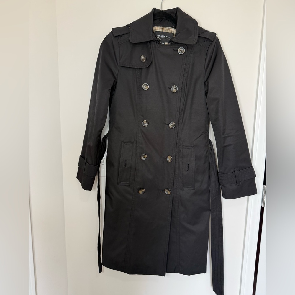 London Fog Black Double-Breasted Long Trench Coat with Belt
